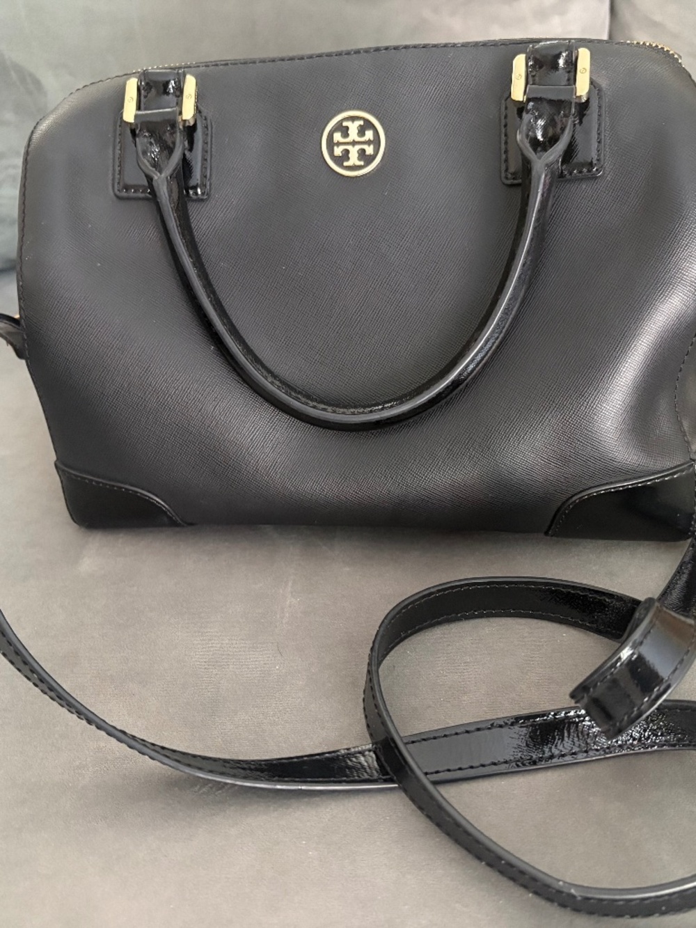 Tory Burch “Robinson” Dome Satchel (Black Saffiano Leather, with crossbody strap